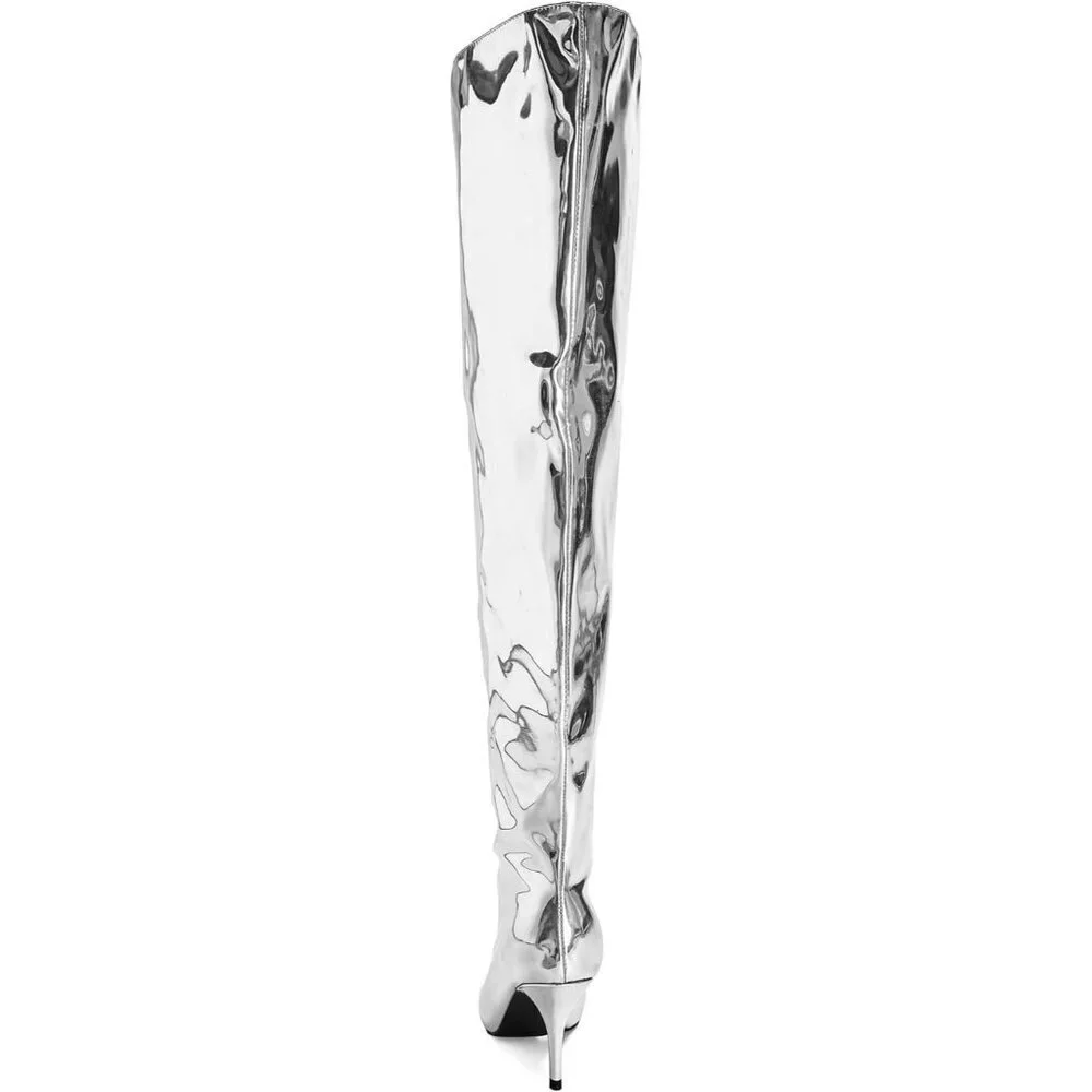 🆕Women Silver Faux Leather Wide Calf Thigh High Heeled Stiletto Cone Heel Boot